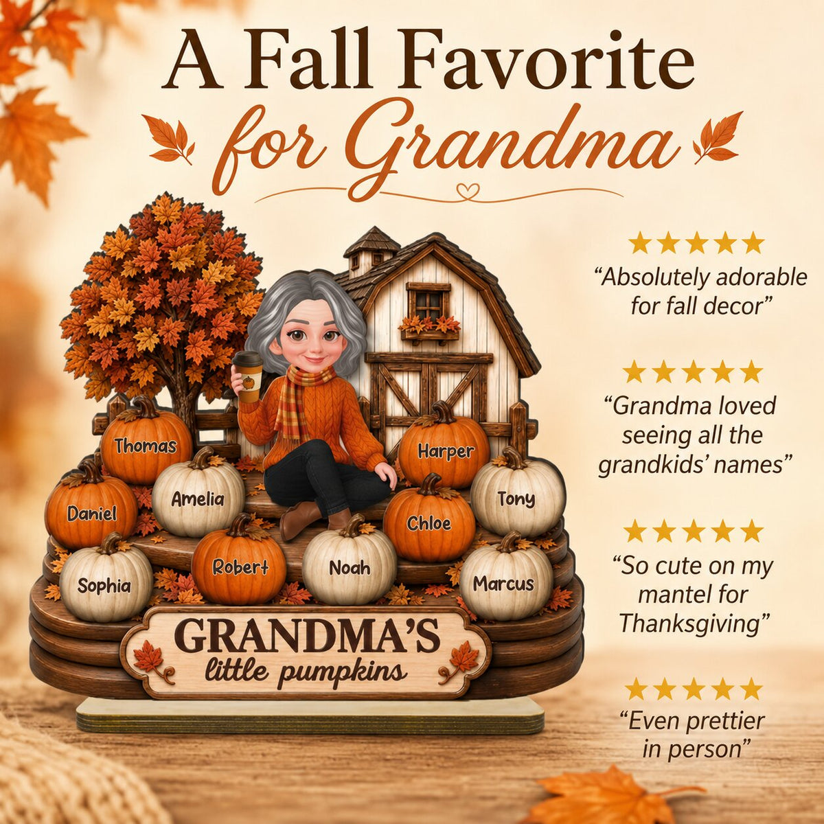 Fall Season Cozy Warm Farmhouse Style Grandma's Little Pumpkins - Personalized 2-Layered Wooden Plaque - Fall Decor For Grandma