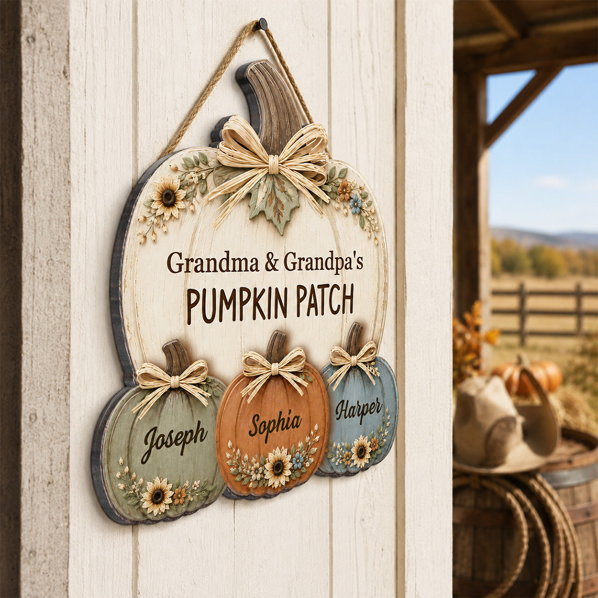 Grandma Grandpa's Pumpkin Patch Western Vibe 2D Flat - Personalized Door Hanger - Fall Season Decor For Grandparents