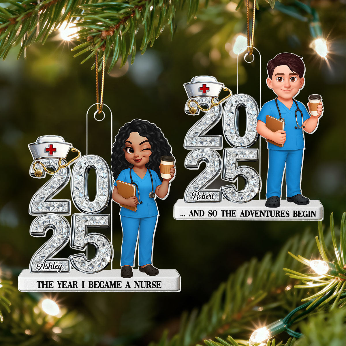 3D Shiny Effect New Nurse With Year - Personalized Acrylic Ornament - RN Gift, BSN Gift, Nursing Graduation Gift