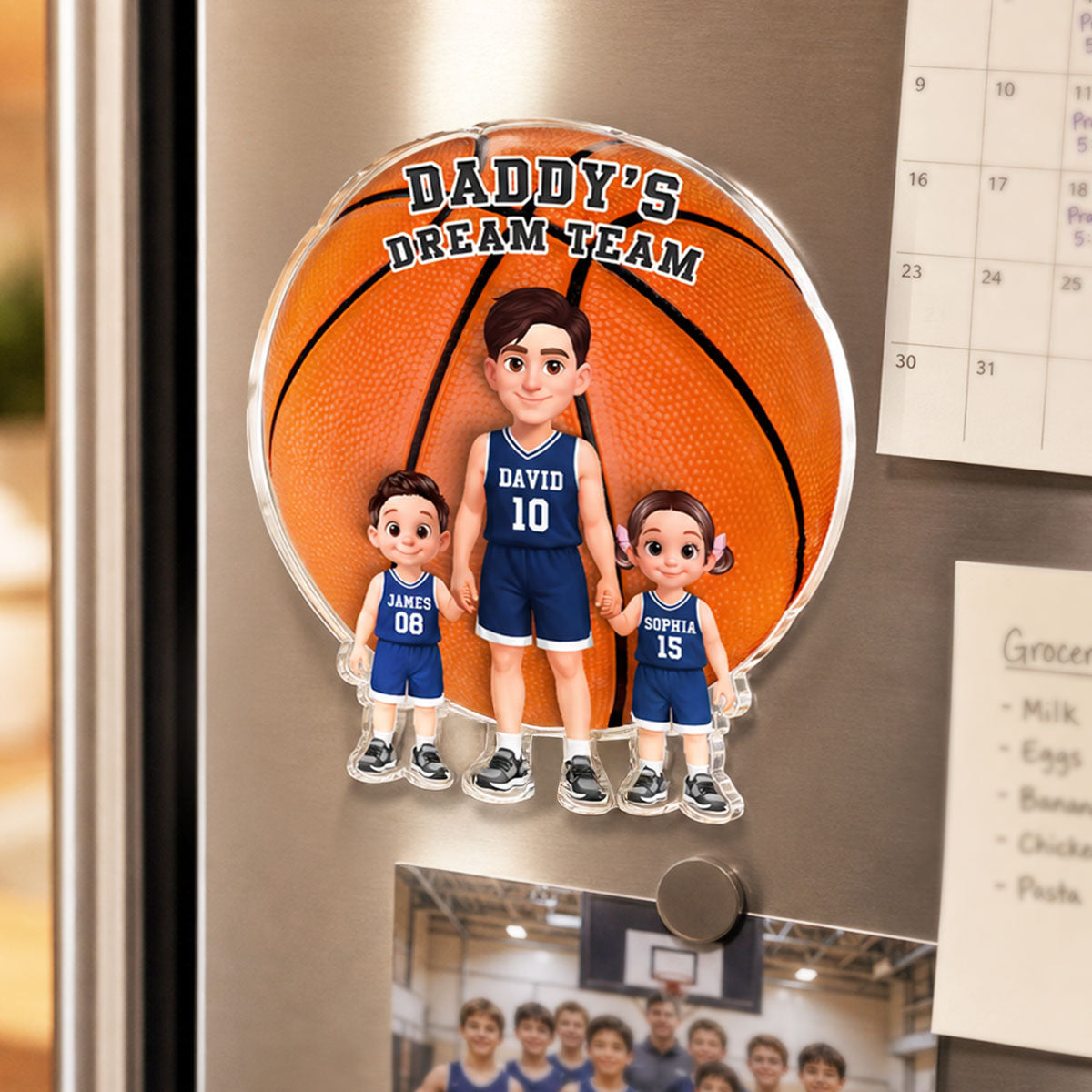 Basketball Dad And Kids Daddy's Dream Team - Personalized Acrylic Fridge Magnet - Father's Day Gift For Dad, Husband