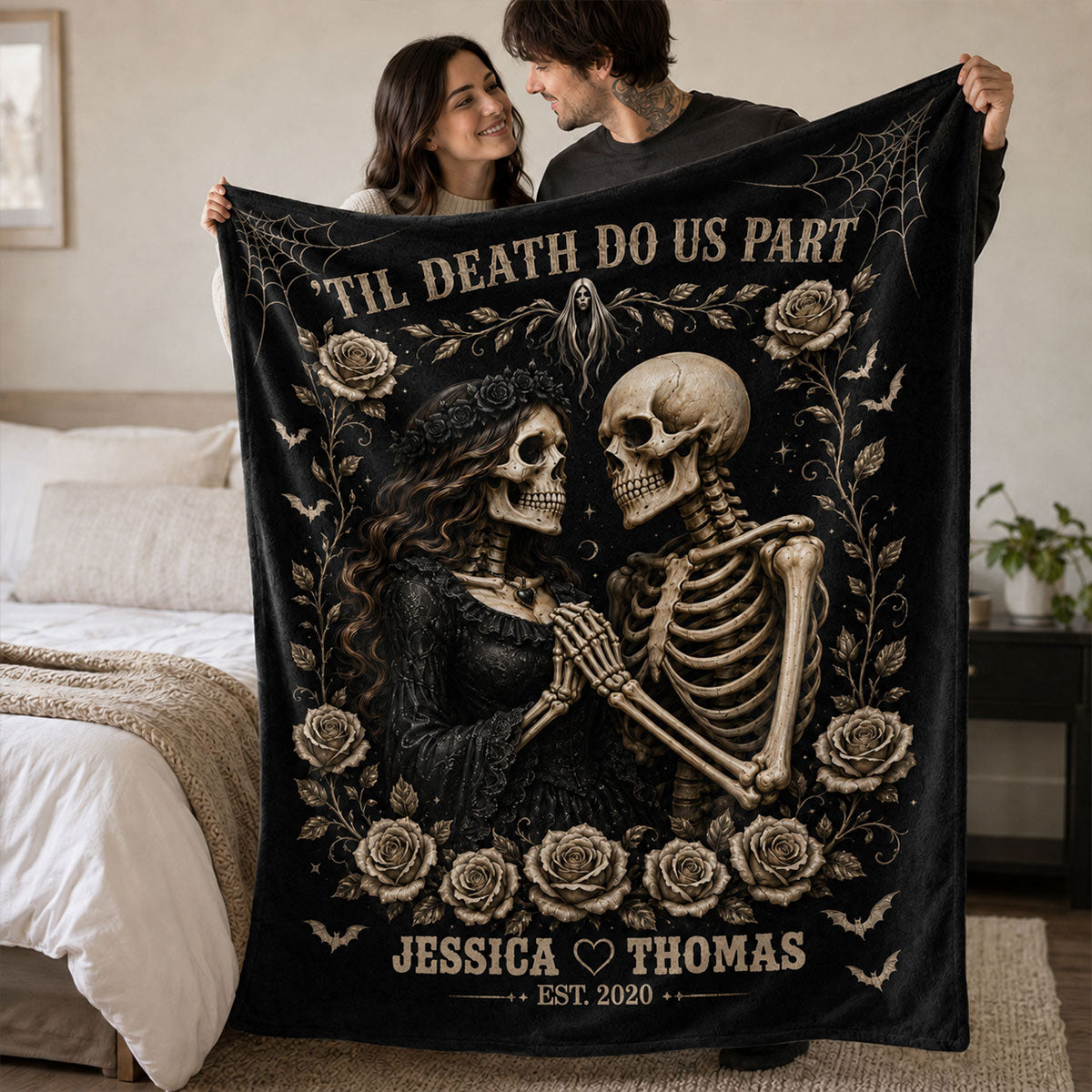Till Death Do Us Part Skeleton Couple - Personalized Fleece Blanket - Spooky Goth Couple Halloween Gift
