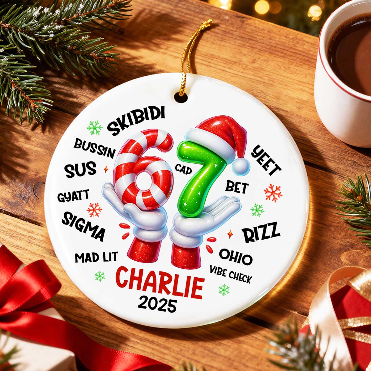 Funny Kids Six Seven Christmas -  Personalized Ceramic Ornament - 2025 Slang Christmas, Funny Teen Grandkid Ornament, Gen Alpha Christmas Gift - 67 Gift