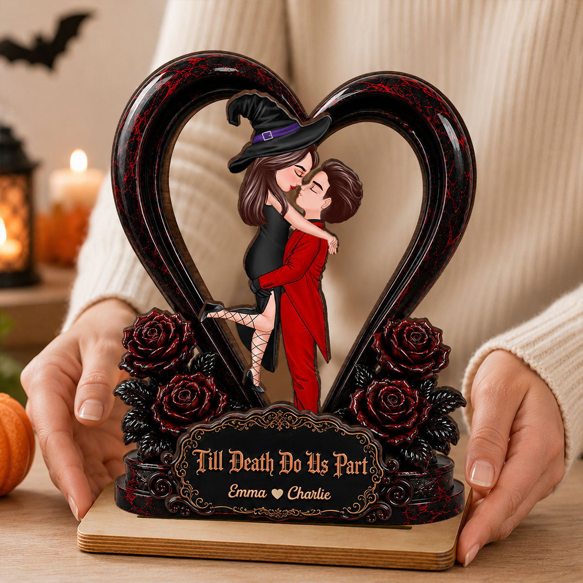 From Our First Kiss Til Our Last Breath Halloween Couple - Personalized 2-Layered Wooden Plaque - Heartfelt Keepsake for Him, for Her