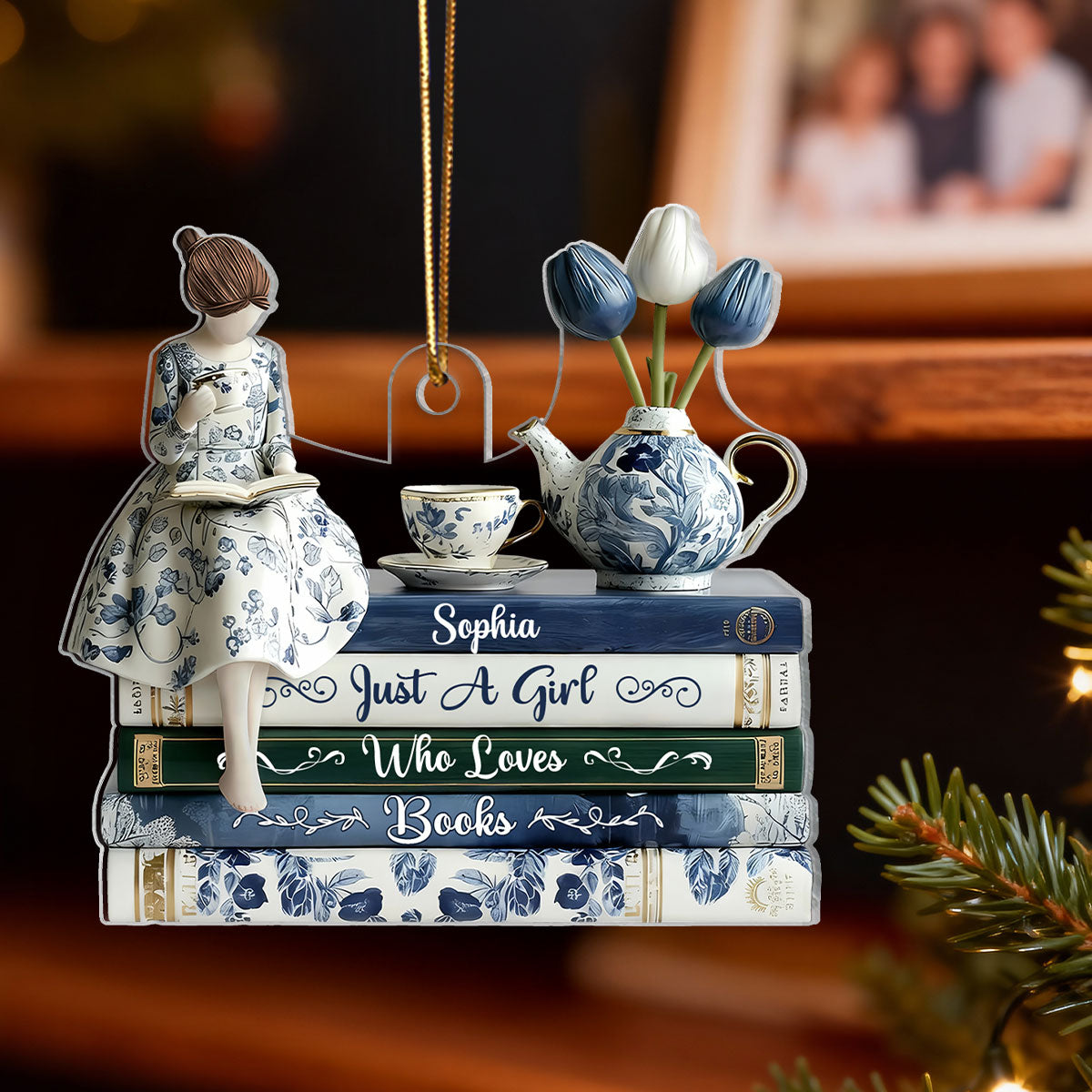 3D Effect Timeless Vintage Toile De Jouy Chinoiserie Pattern Girl Woman Reading Book - Personalized Acrylic Ornament - Gift For Book Lovers