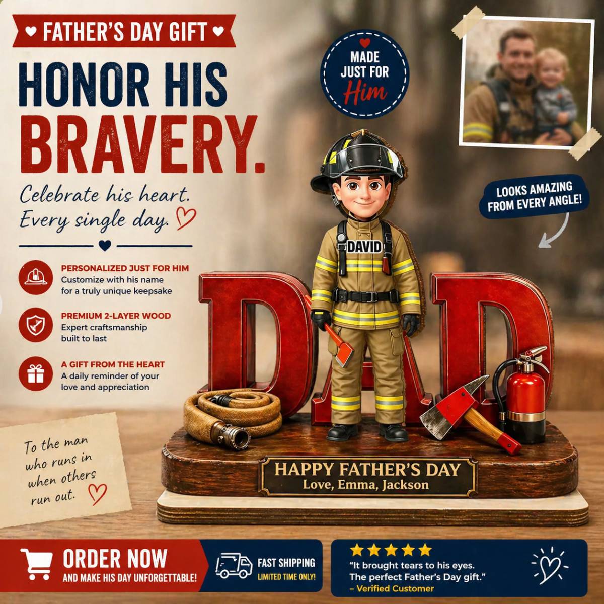 Proud American Firefighter Dad - Personalized 2-Layered Wooden Plaque -  Gift For Dad