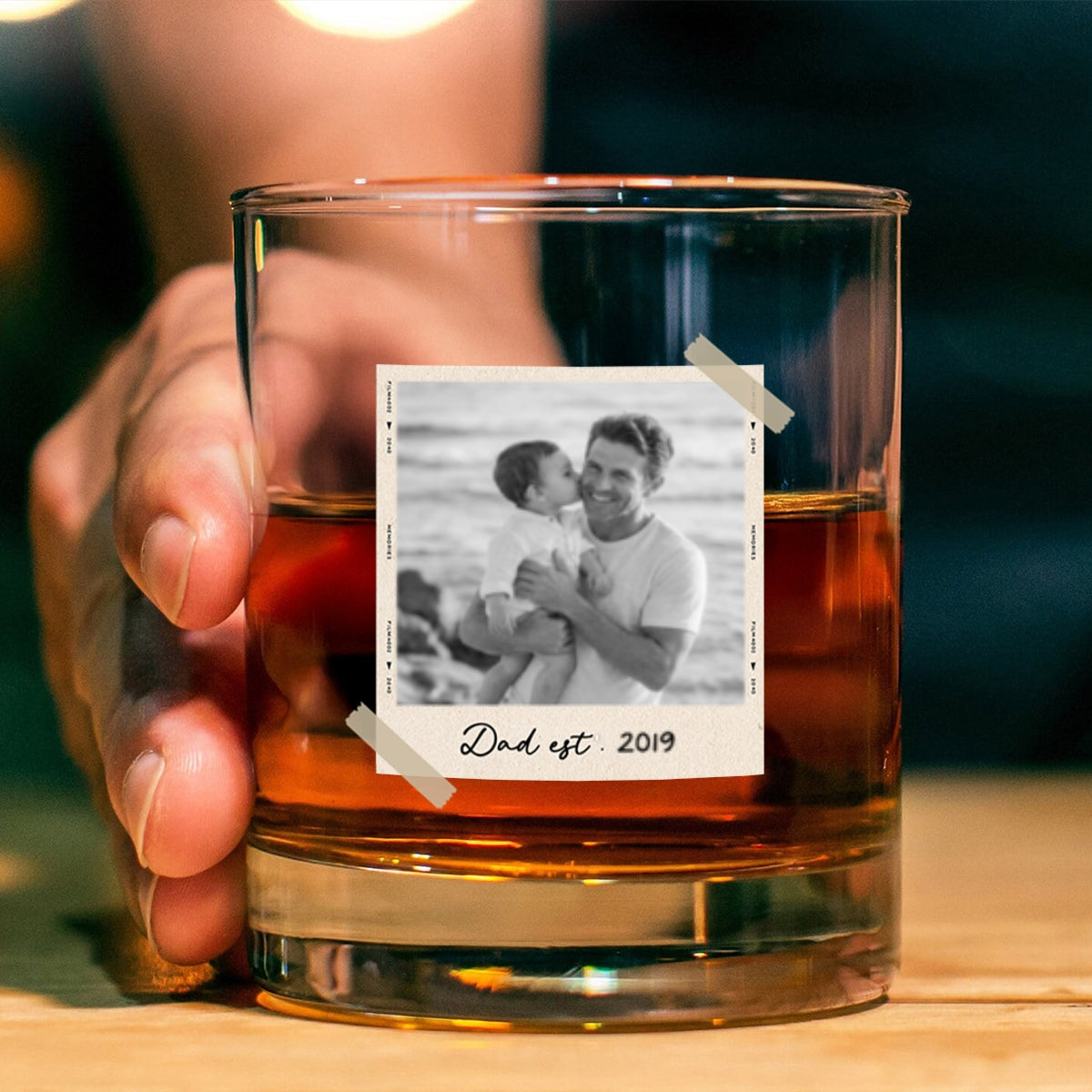 Custom Photo Dad Est - Personalized Whiskey Glass - Father's Day Gift for Dad, Husband