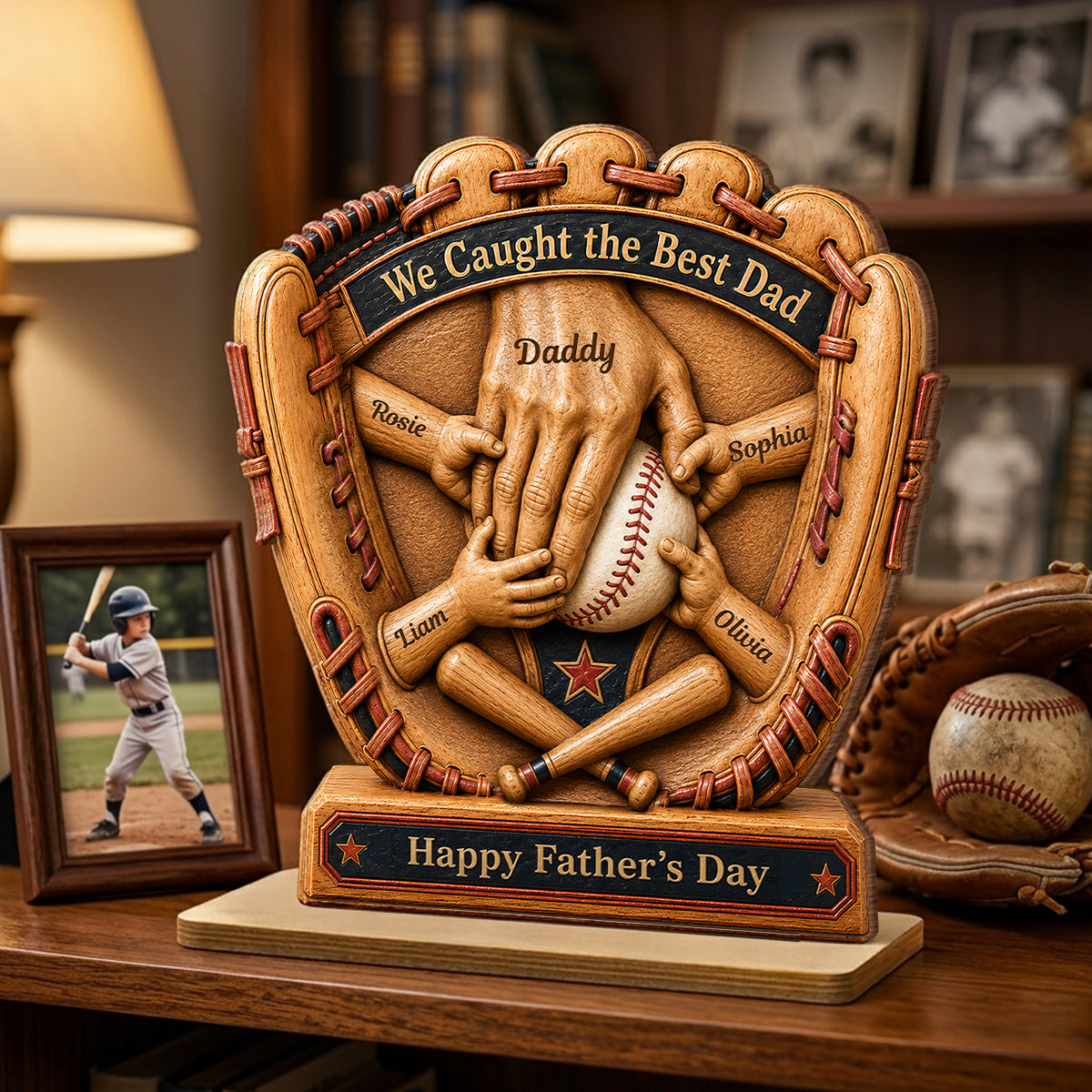 Baseball Glove Dad & Kids' Hands - Personalized 2-Layered Wooden Plaque -  Gift For Dad, Husband