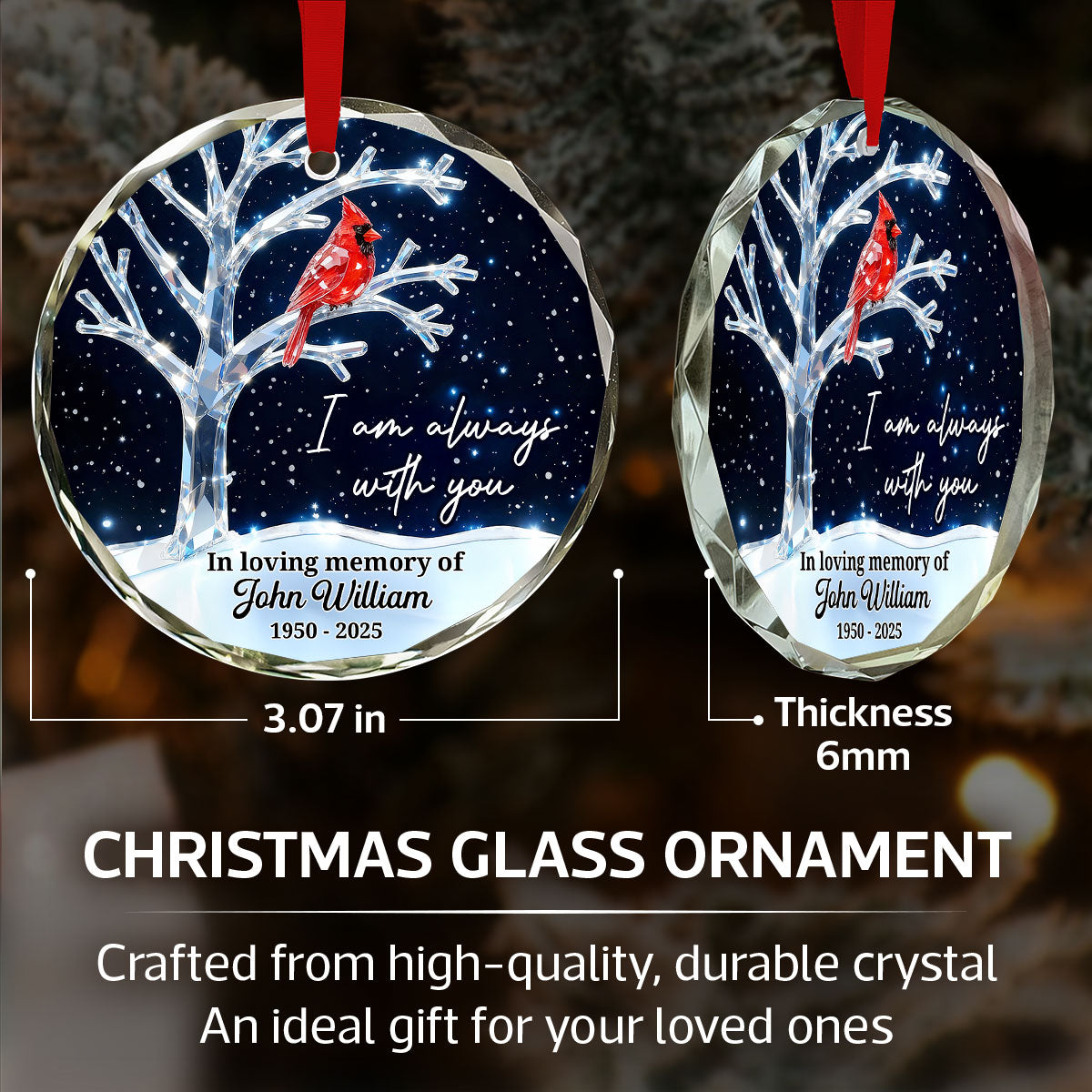 3D Crystal Effect Memorial Winter Tree Cardinals - Personalized Glass Ornament - Remembrance Gift, Sympathy Gift