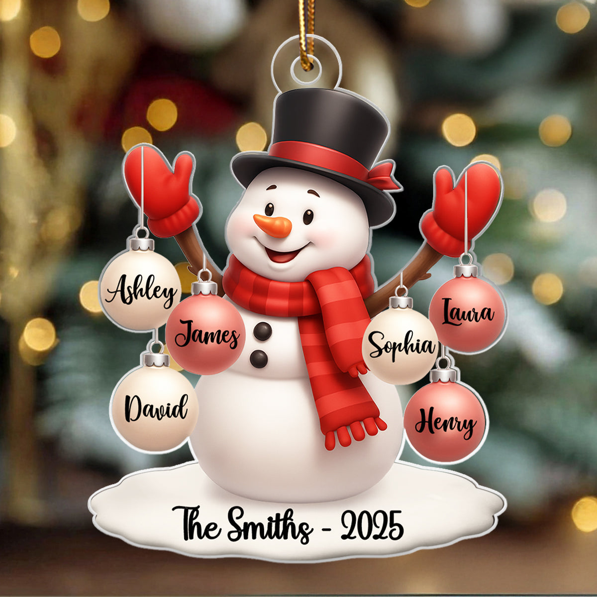 Snowman Family Name Ball Ornaments - Personalized Acrylic Ornament - Christmas Gift for Family