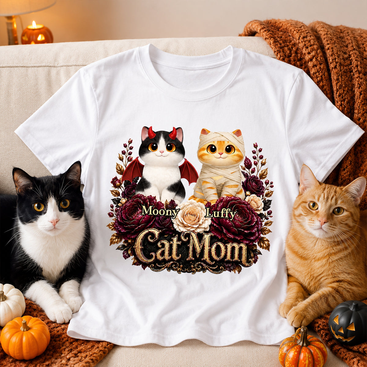 Cats Halloween Preppy Ghost Cherry - Personalized Shirt - Halloween Gift, Gift For Cat Lovers