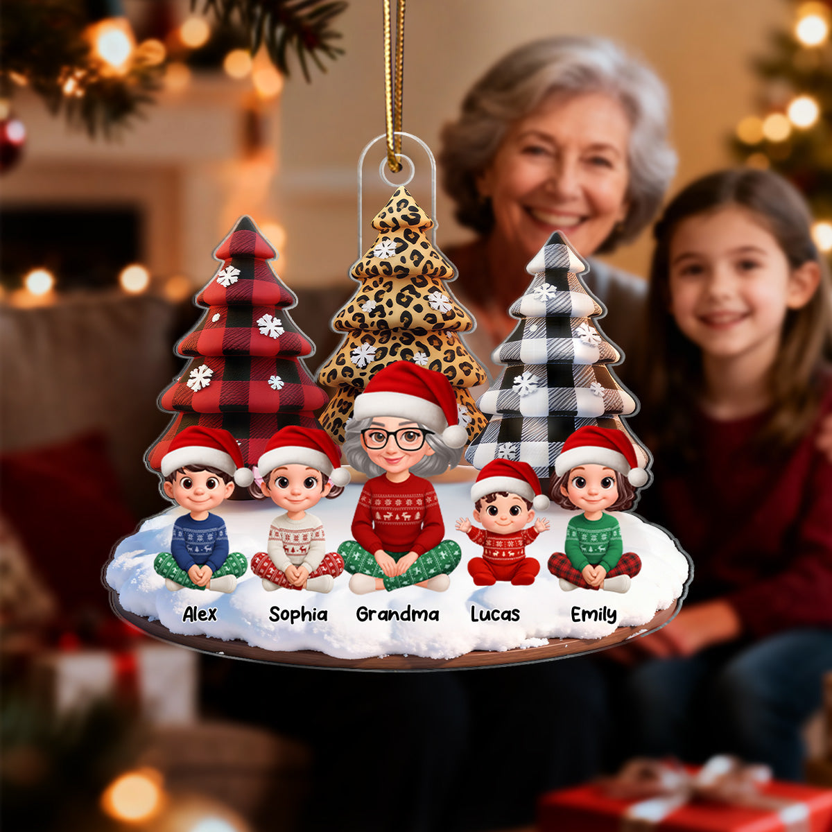 3D Effect Leopard Checkered Pattern Christmas Trees Grandma Grandkids Happy Together - Personalized Acrylic Ornament - Gift For Grandma, Grandkids