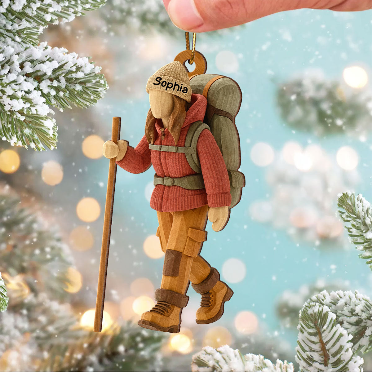 Hiking Girl Christmas - Personalized Wooden Ornament - Gift for Her