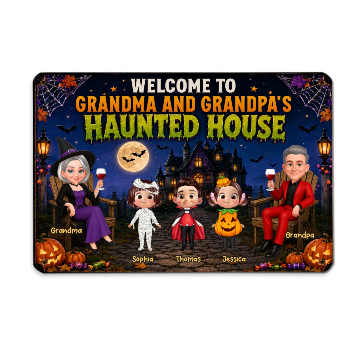 Whimsical Grandma & Grandpa's Haunted House With Grandkids - Personalized Metal Sign - Halloween Decoration For Grandparents