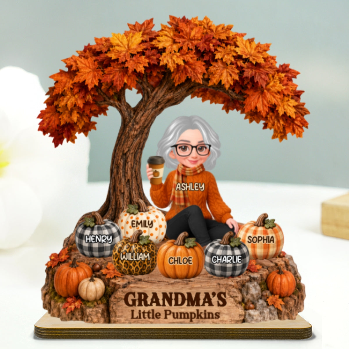 Fall Season Tree Grandma's Little Pumpkins - Personalized 2-Layered Wooden Plaque - Fall Decor For Grandma