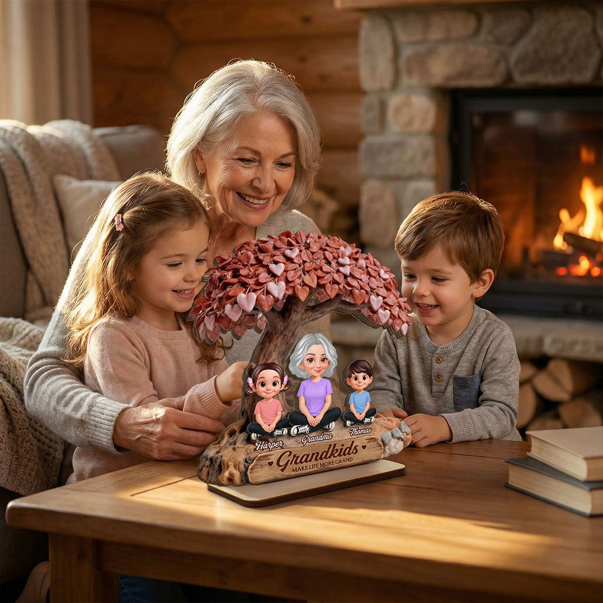 Grandma And Grandkids Under Heart Tree - Personalized 2-Layered Wooden Plaque - Gift For Grandma