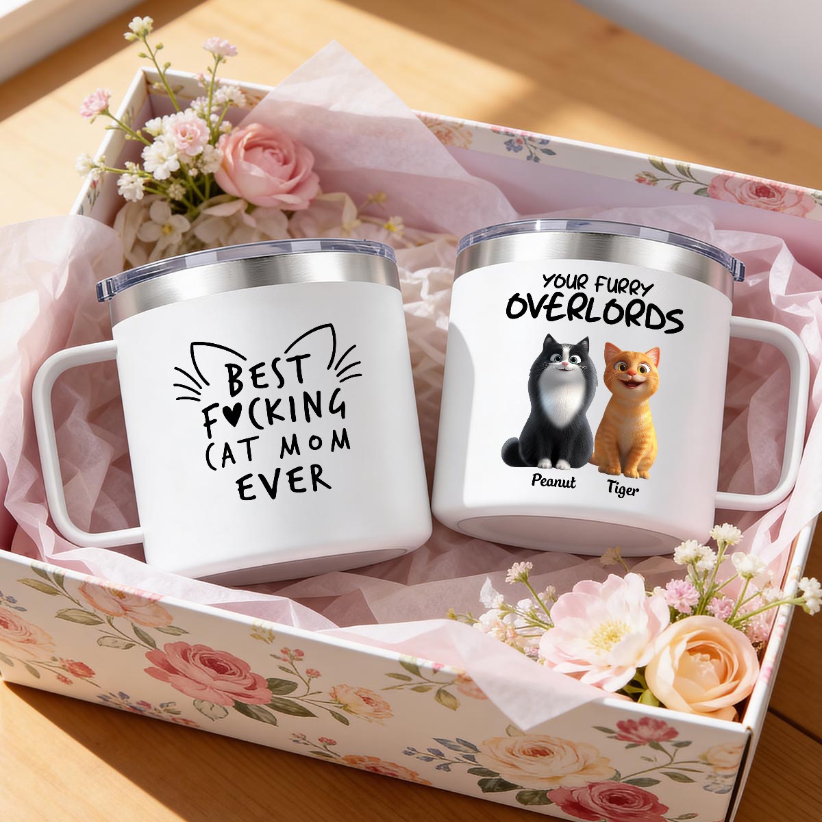 Best Fcking Cat Mom Ever Cartoon Cats - Personalized Stainless Steel Tumbler with Handle - Mother's Day Gift For Cat Lovers