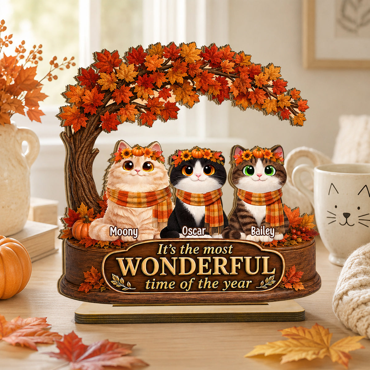 Most Wonderful Time of the Year Cats - Personalized 2-Layered Wooden Plaque - Fall Decor for Cat Lovers