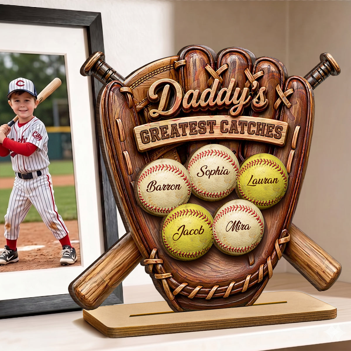 Daddy's Greatest Catches Baseball Softball - Personalized 2-Layered Wooden Plaque -  Gift for Husband, Dad