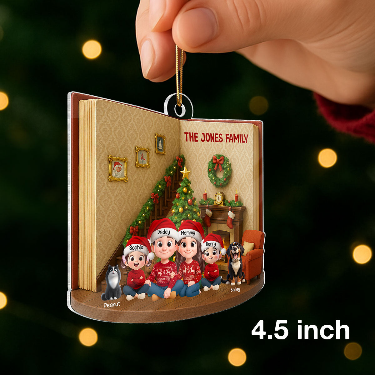 3D Book House Cozy Vibe Family Sitting Together - Personalzied Acrylic Ornament - Christmas Gift for Family