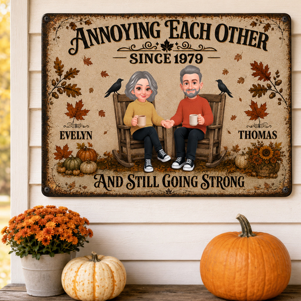 Retro Couple Annoying Each Other - Personalized Metal Sign - Fall Decor, Anniversary Gift for Her, Gift for Him