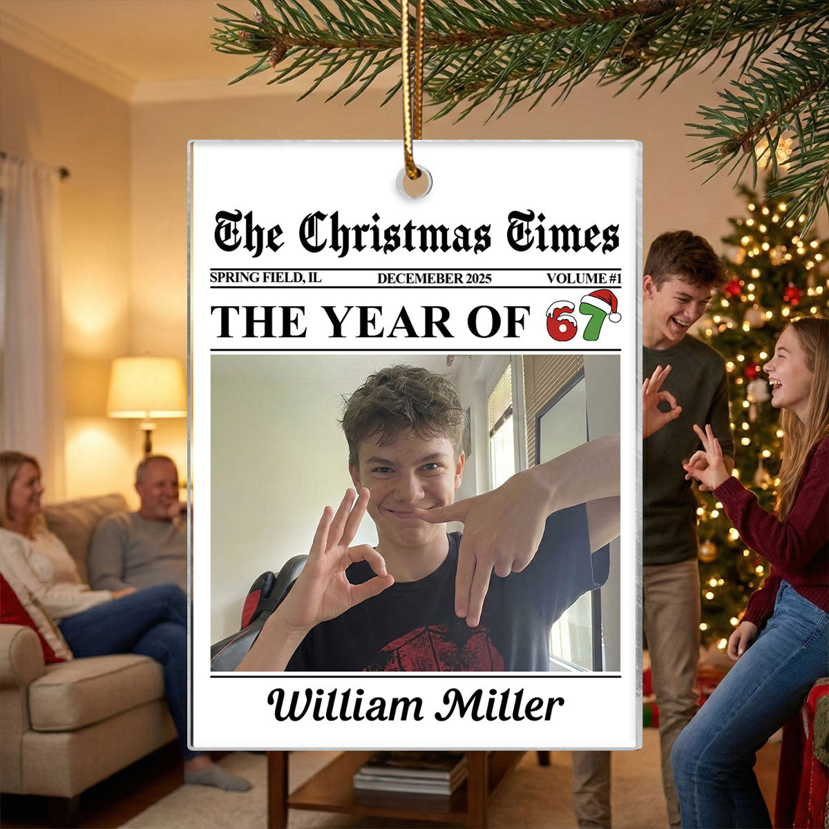 Custom Photo Newspaper Style 2025 Trending Slang Christmas 67 Six Seven - Personalized Acrylic Ornament - Funny Christmas Gift For Teen, Grandkid, Gen Alpha