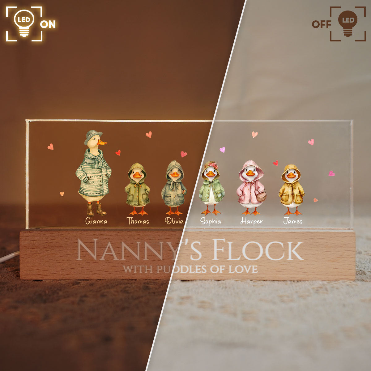 Nanny's Flock Gift For Grandma Nana Grammy Cute Watercolor Ducks - Personalised Acrylic Block LED Night Light - Mother's Day Gift