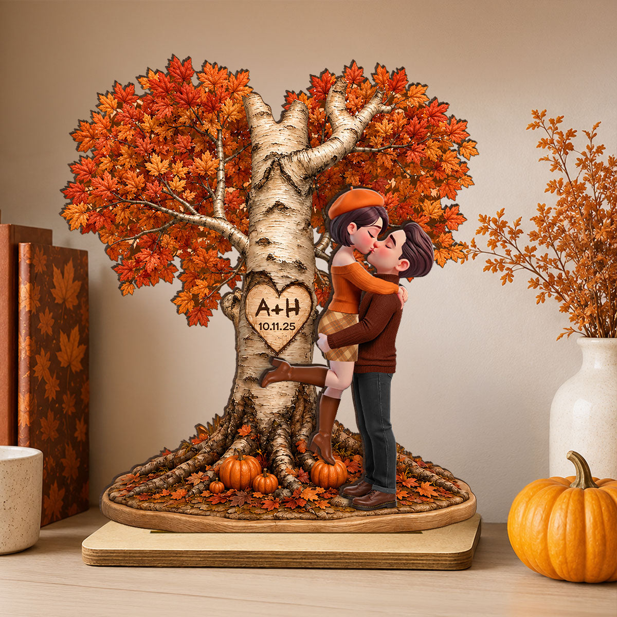 Fall Season Love Tree - Personalized 2-Layered Wooden Plaque - Heartfelt Anniversary Wedding Gift for Her, for Him