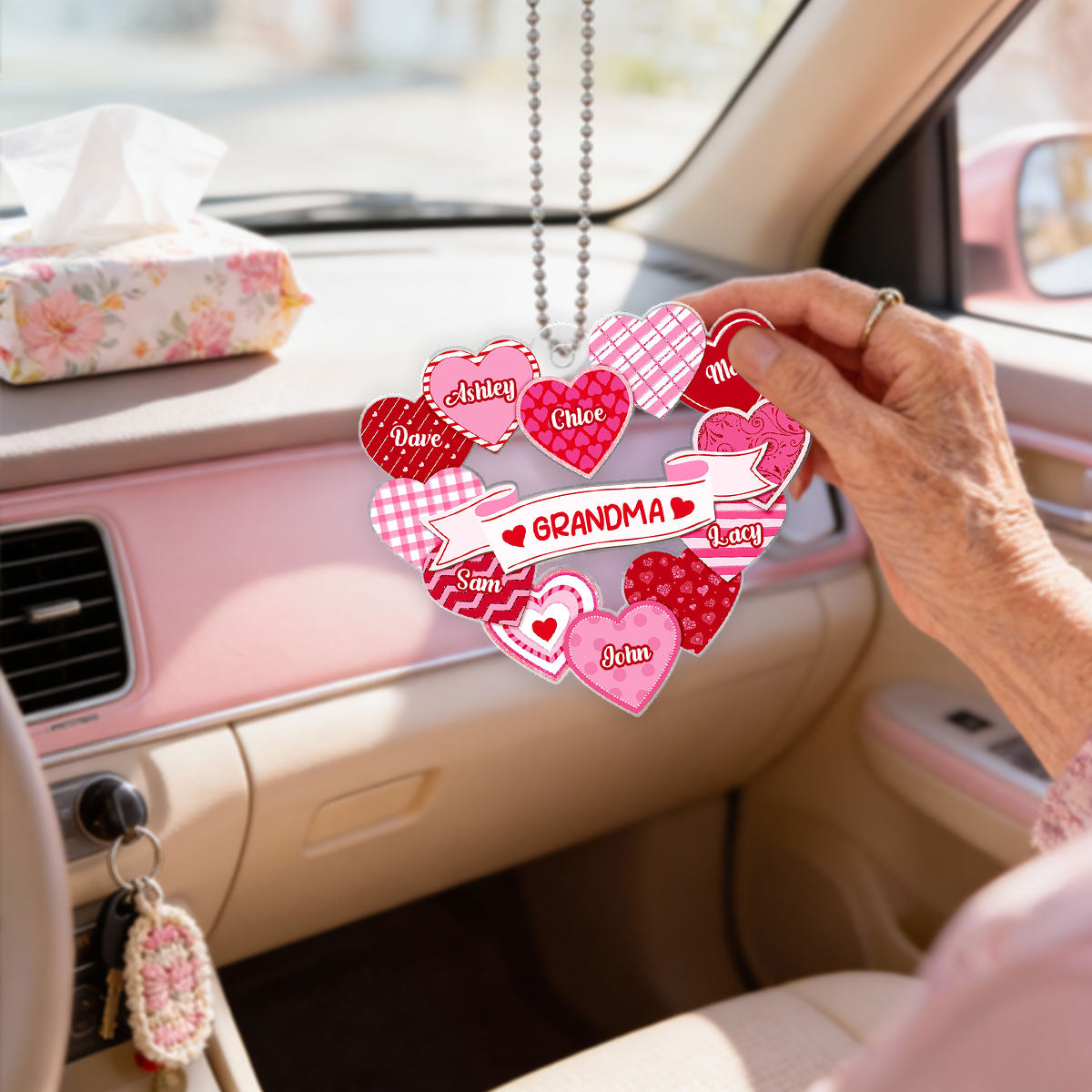 Grandma's Sweethearts Coquette Valentine's Day - Personalized Car Hanger Ornament - Gift For Grandma