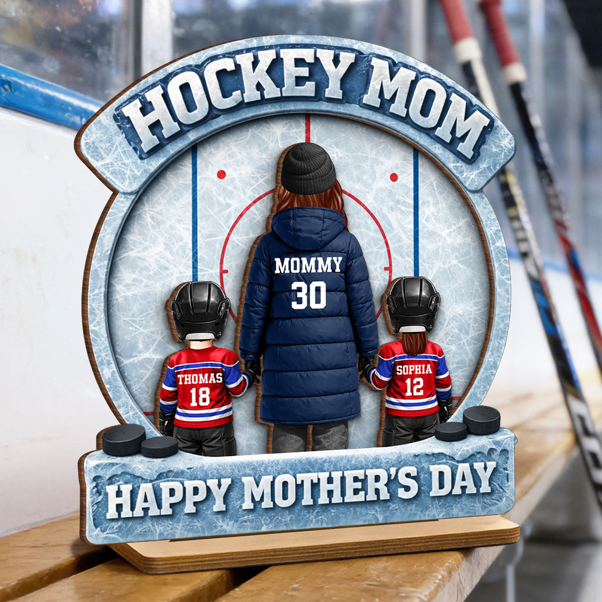 Hockey Mom Back View And Kids - Personalized 2-Layered Wooden Plaque - Mother's Day Gift For Hockey Mom