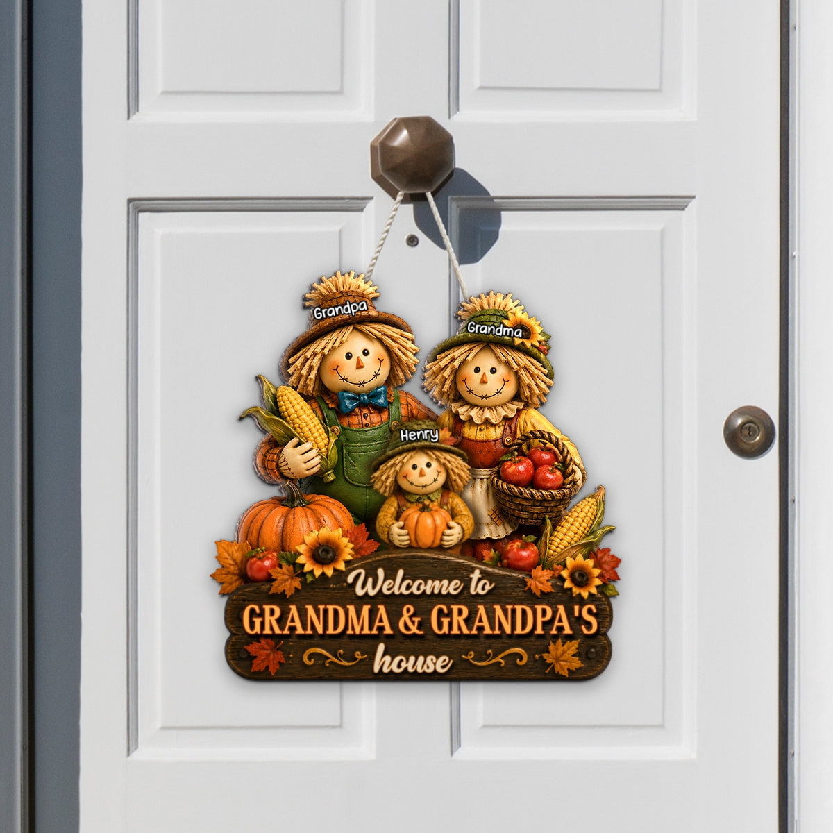 Welcome to Grandma Grandpa's House Scarecrow - Personalized Door Hanger - Fall Thanksgiving Decor