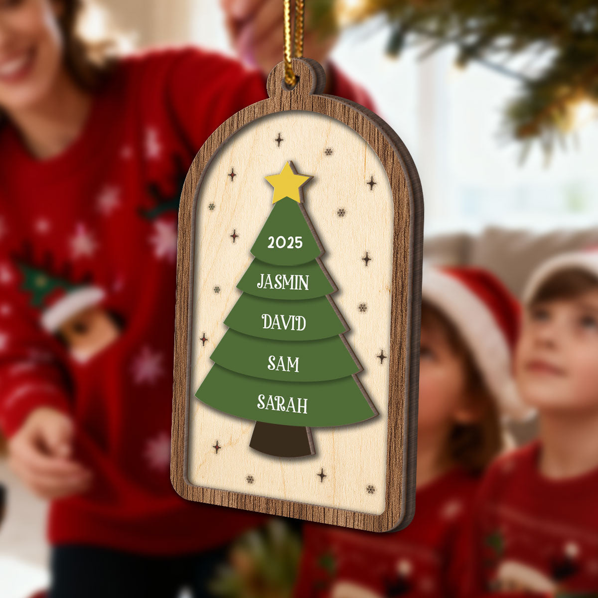 Festive Christmas Tree Family Names - Personalized 2-Layered Wooden Ornament