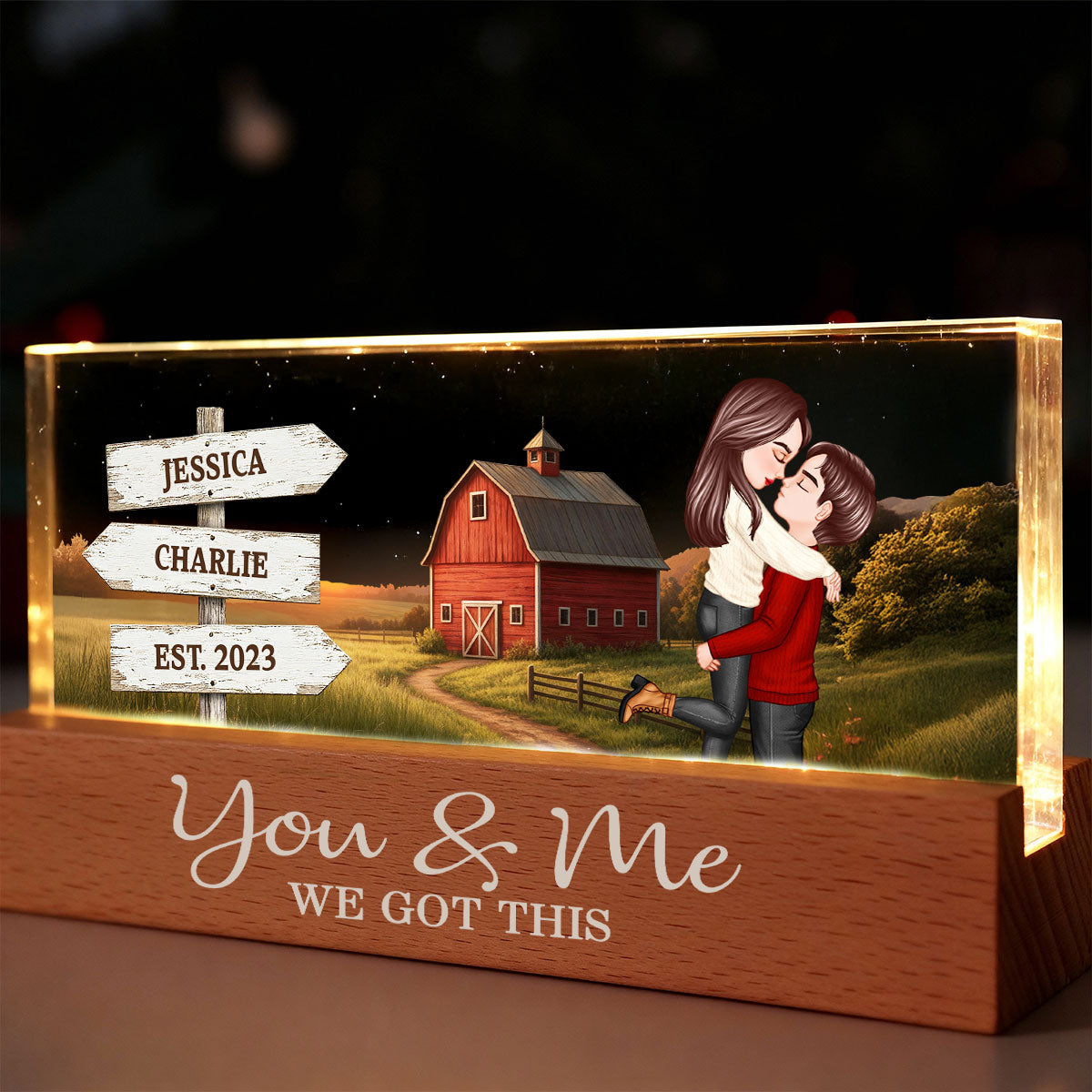 Rustic Nostalgia Red Barn House Sign Posts Couple Hugging Kissing Farmhouse Decor - Personalized Acrylic Block Plaque LED Night Light - Heartfelt Valentine, Anniversary Gift For Him, For Her