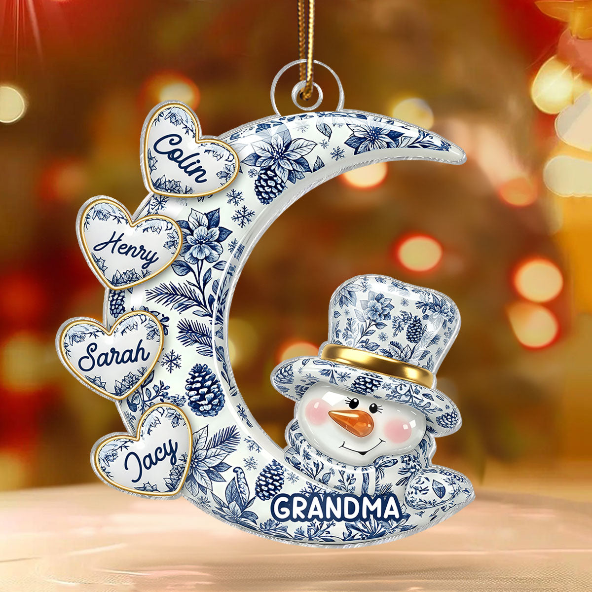 3D Effect Timeless Vintage Toile De Jouy Grandma Snowman Hearts Moon - Personalized Acrylic Ornament - Gift For Grandparents