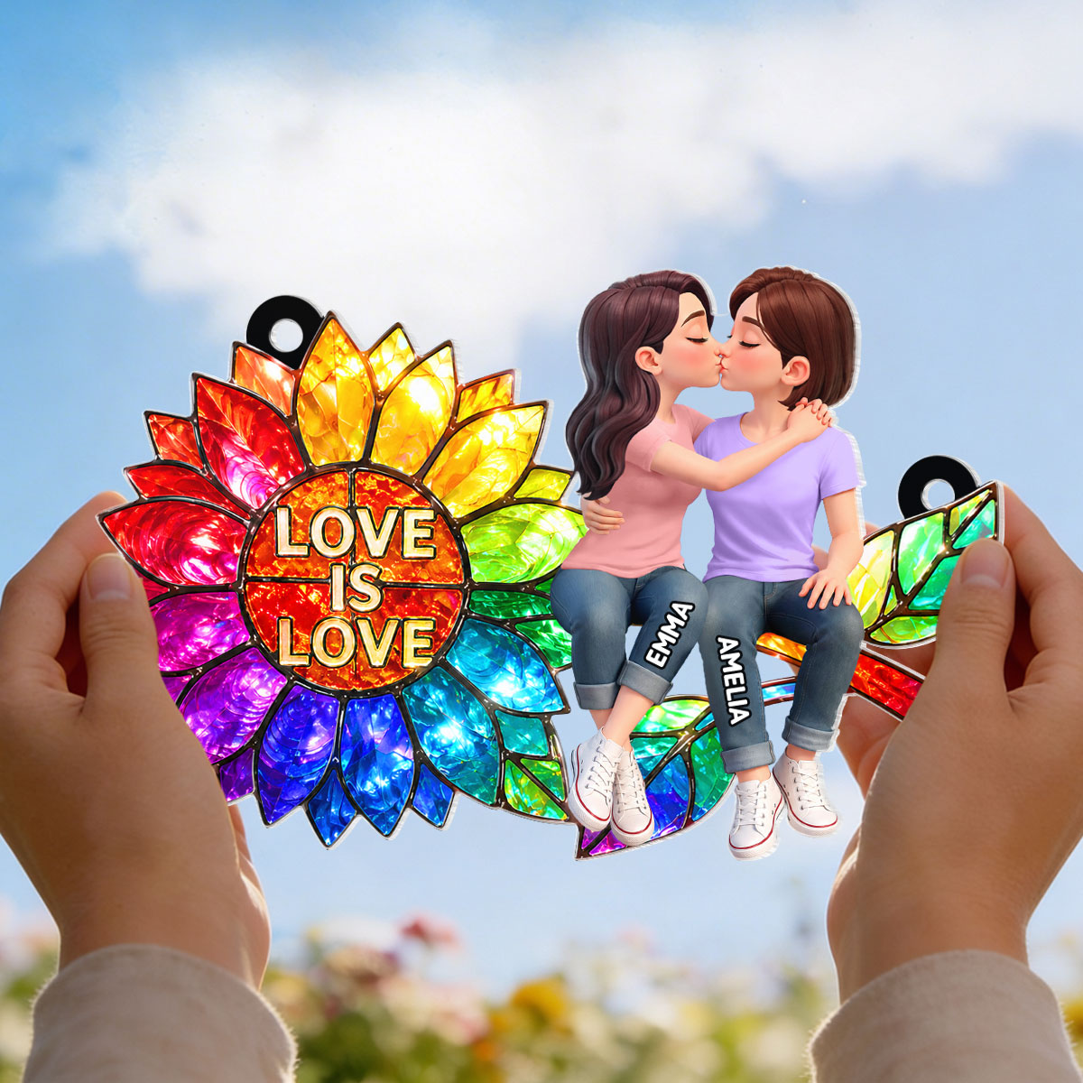 Sunflower Love is Love LGBT Couple - Personalized Suncatcher - Heartfelt Gift for Her, for Him