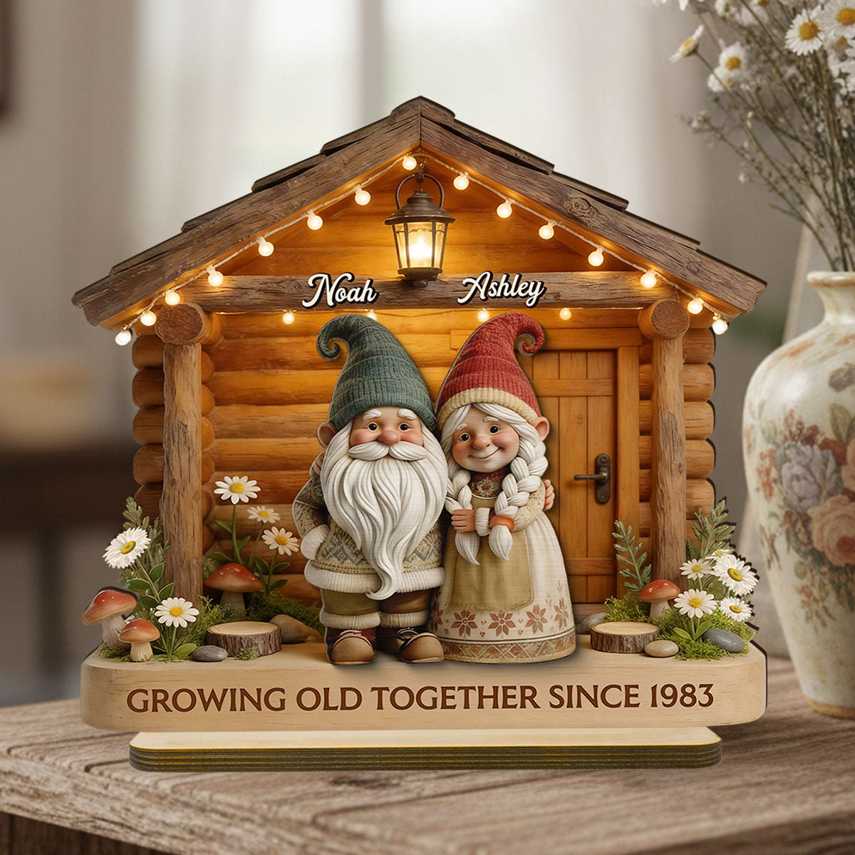 Eternal Love Gnome Couple At Wooden Cabin - Personalized 2-Layered Wooden Plaque - Heartfelt Gift For Couple