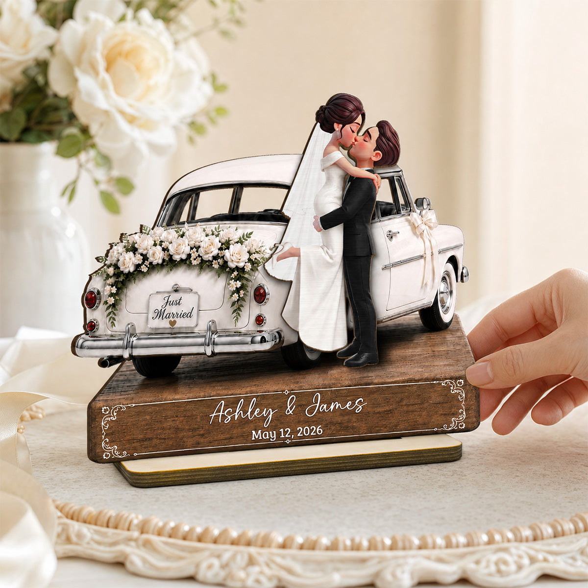 Newlywed Couple Wedding Car 2D Flat - Personalized Wooden Plaque - Wedding Gift Anniversary Gift Newlywed Gift