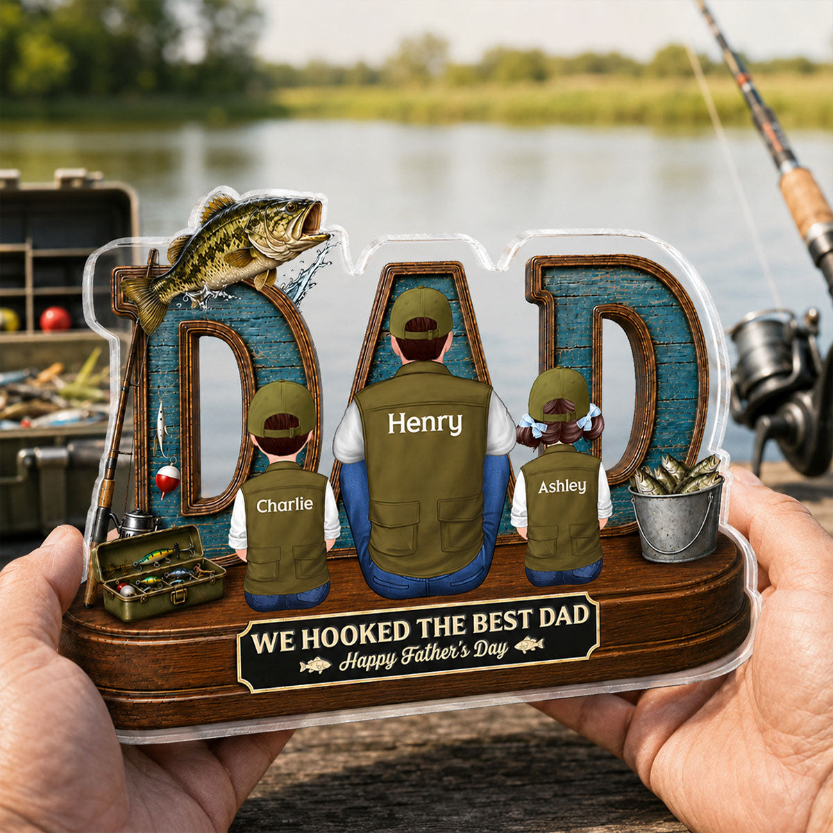 Fishing Dad And Kids We Hooked The Best Dad - Personalized Acrylic Block Plaque -  Gift For Dad, Husband