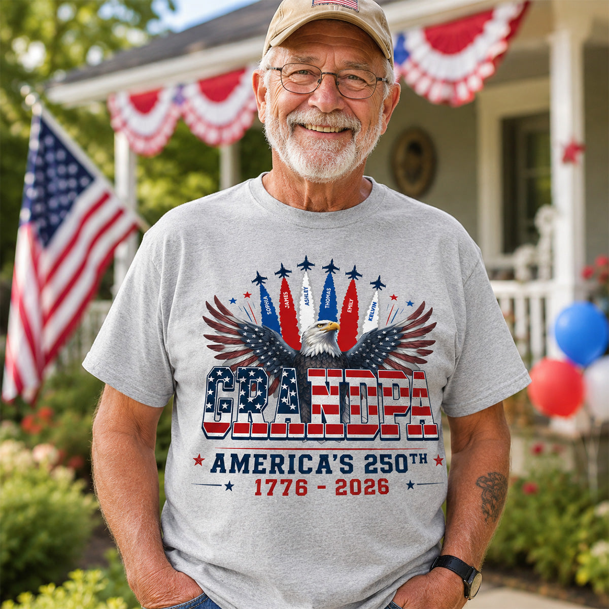 Proud Grandpa Dad Bald Eagle Jets Smoke Custom Kid Name - Personalized Shirt - American 250th Anniversary Keepsake For Husband, Dad, Grandpa