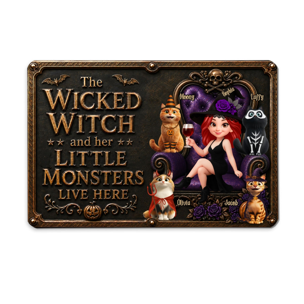 The Wicked Witch And Her Monster Cats Live Here - Personalized Metal Sign - Halloween Decor for Cat Moms