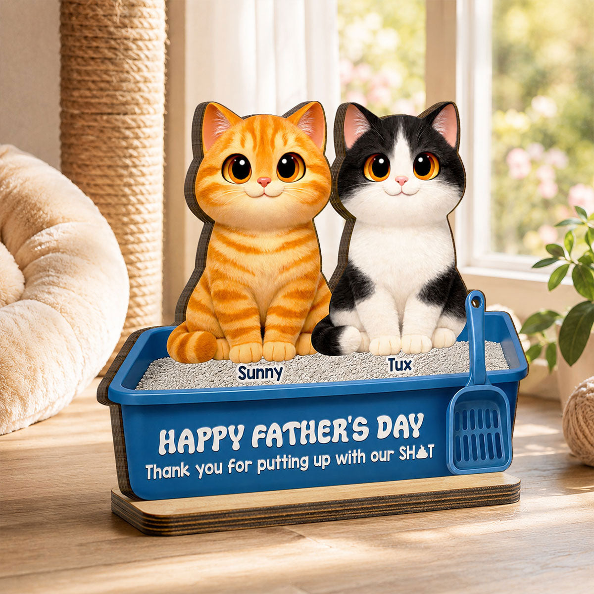Cute Fluffy Cats Happy  Thanks For Feeding And Scooping Poo 2D Flat - Personalized 2-Layered Wooden Plaque - Funny  Gift For Cat Dad, Cat Lovers