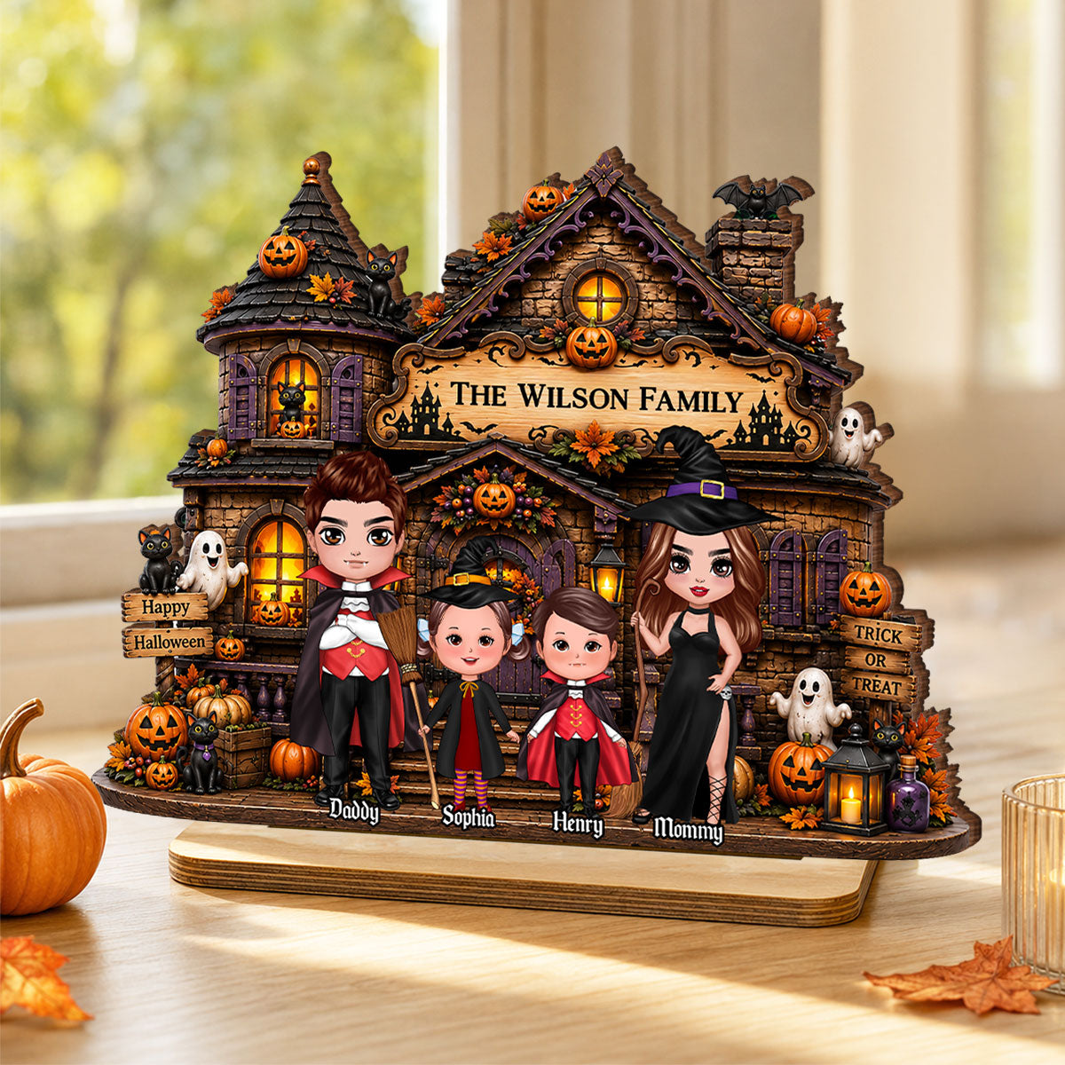 Family Haunted House Trick or Treat - Personalized 2-Layered Wooden Plaque - Halloween Gothic Home Sign