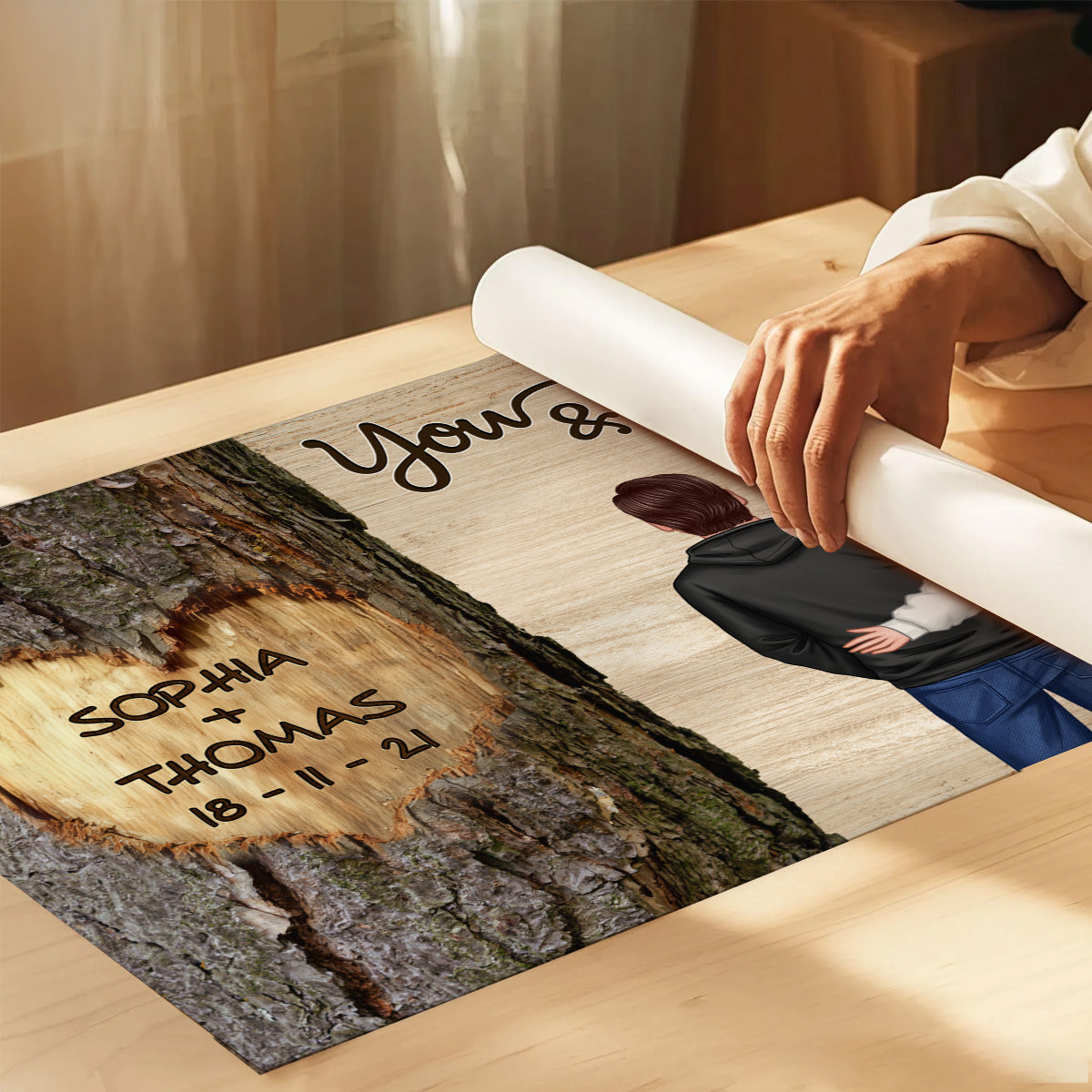 Couple Standing Side By Side Back View Heart Carved Tree - Personalized Poster - Anniversary Gift, Valentine's Gift For Him, For Her