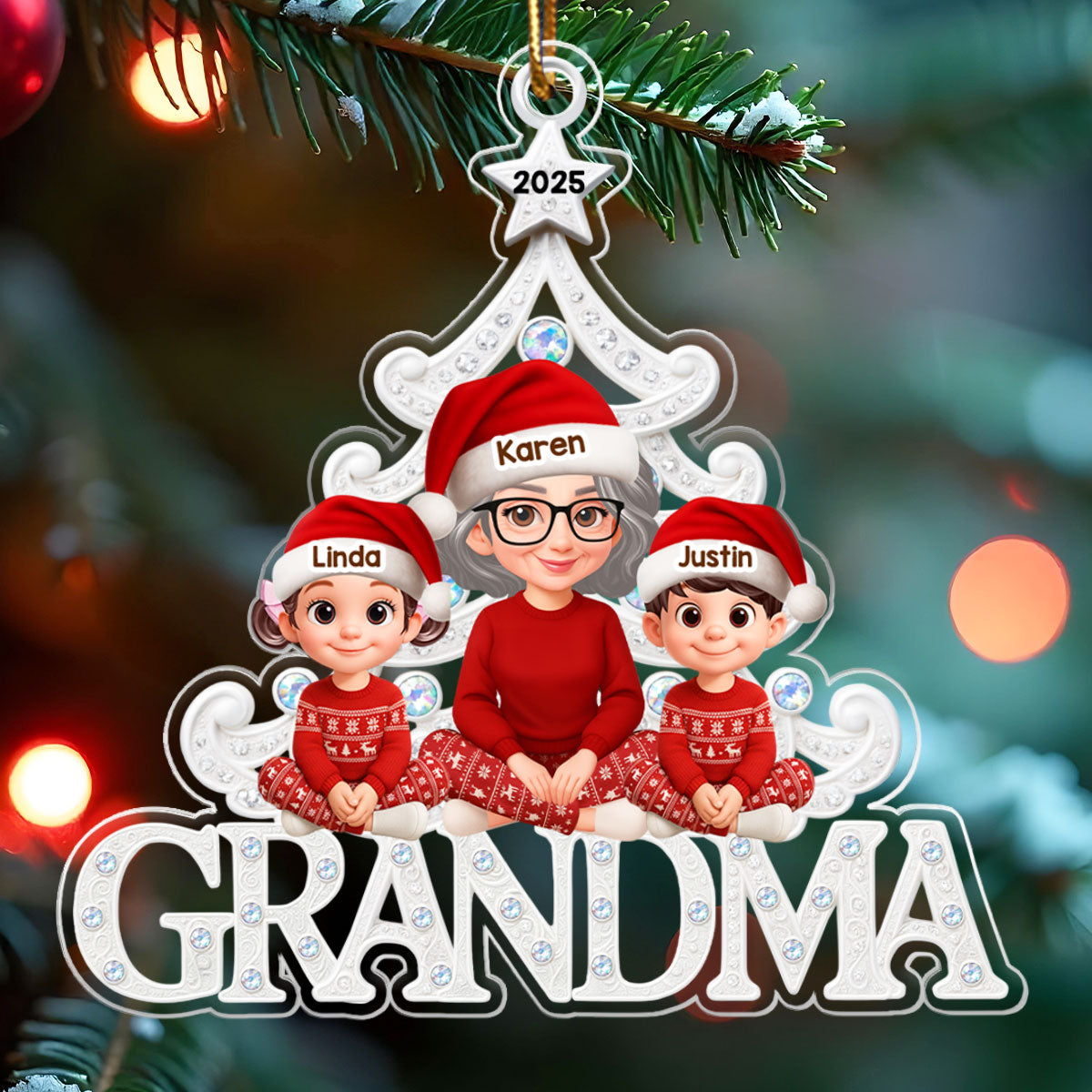 Grandma Grandkids Sitting Metallic Crystal Effect - Personalized Acrylic Ornament - Christmas Gift for Grandma