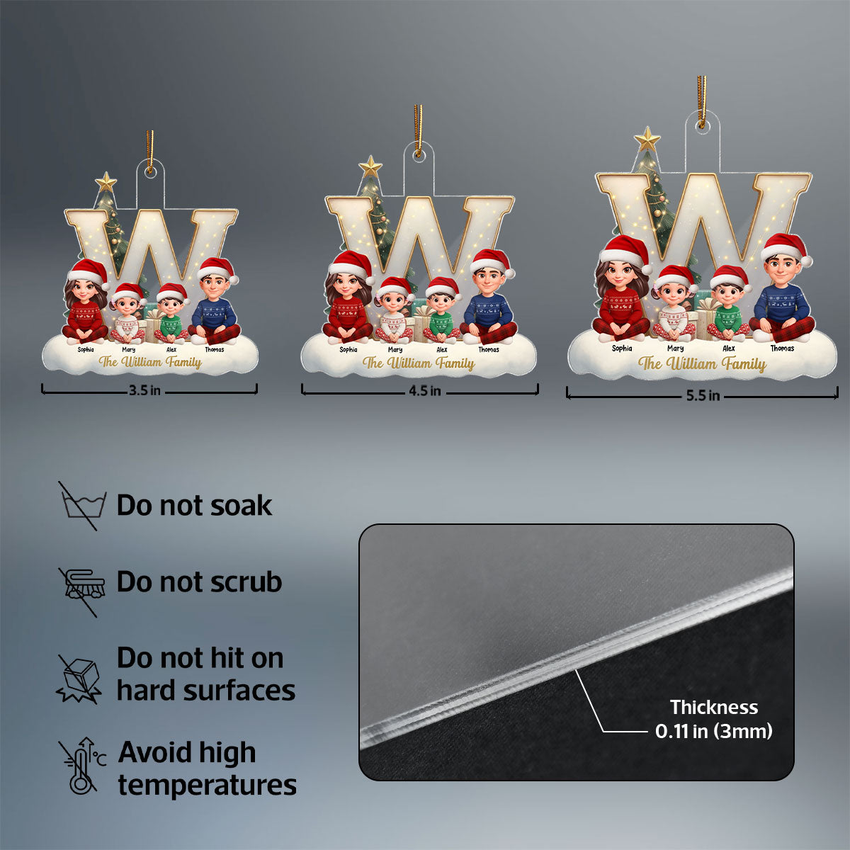 3D Effect Christmas Family Name Initial Beautiful Family Together - Personalized Acrylic Ornament - Gift For Family