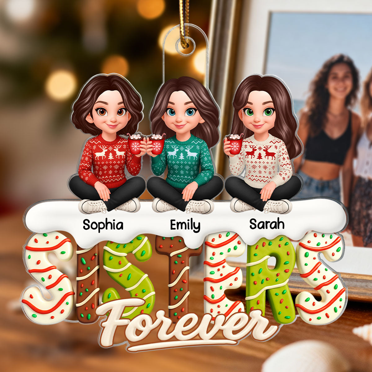 3D Effect Christmas Tree Cake Sisters Forever - Personalized Acrylic Ornament - Gift For Sisters