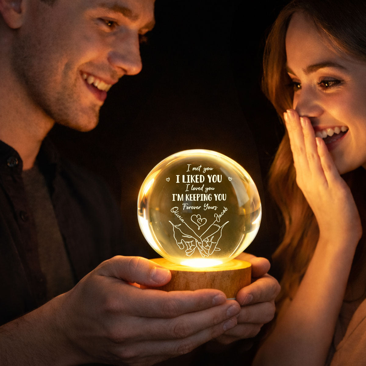 Couple Interlocked Hands I Met You I Loved You - Personalized Crystal Ball LED Night Light - Sentimental Gift for Her, for Him, Couple Keepsake