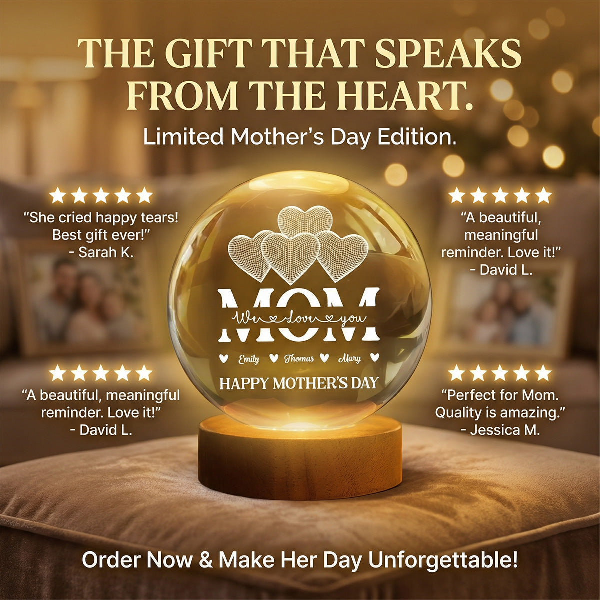 MOM Heart Love - Personalized Crystal Ball LED Night Light - Mother's Day Gift For Mom