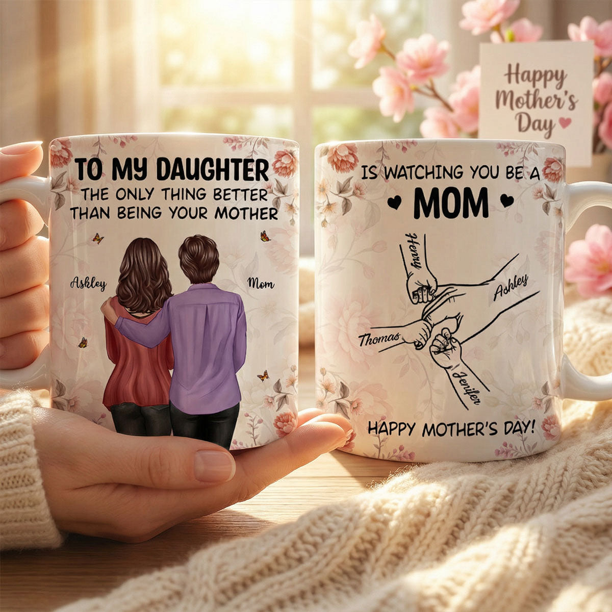 To My Daughter From Mom Hands Outline Floral Pink Tone - Personalized Mug - Mother's Day Gift For Daughter