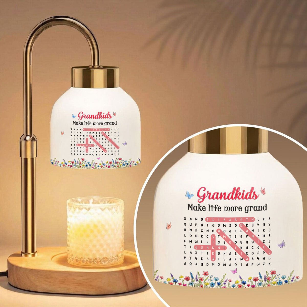 Grandkids Make My Life More Grand Word Search Puzzle - Personalized Candle Warmer Lamp - Mother's Day Gift for Grandma, Mom, Wife
