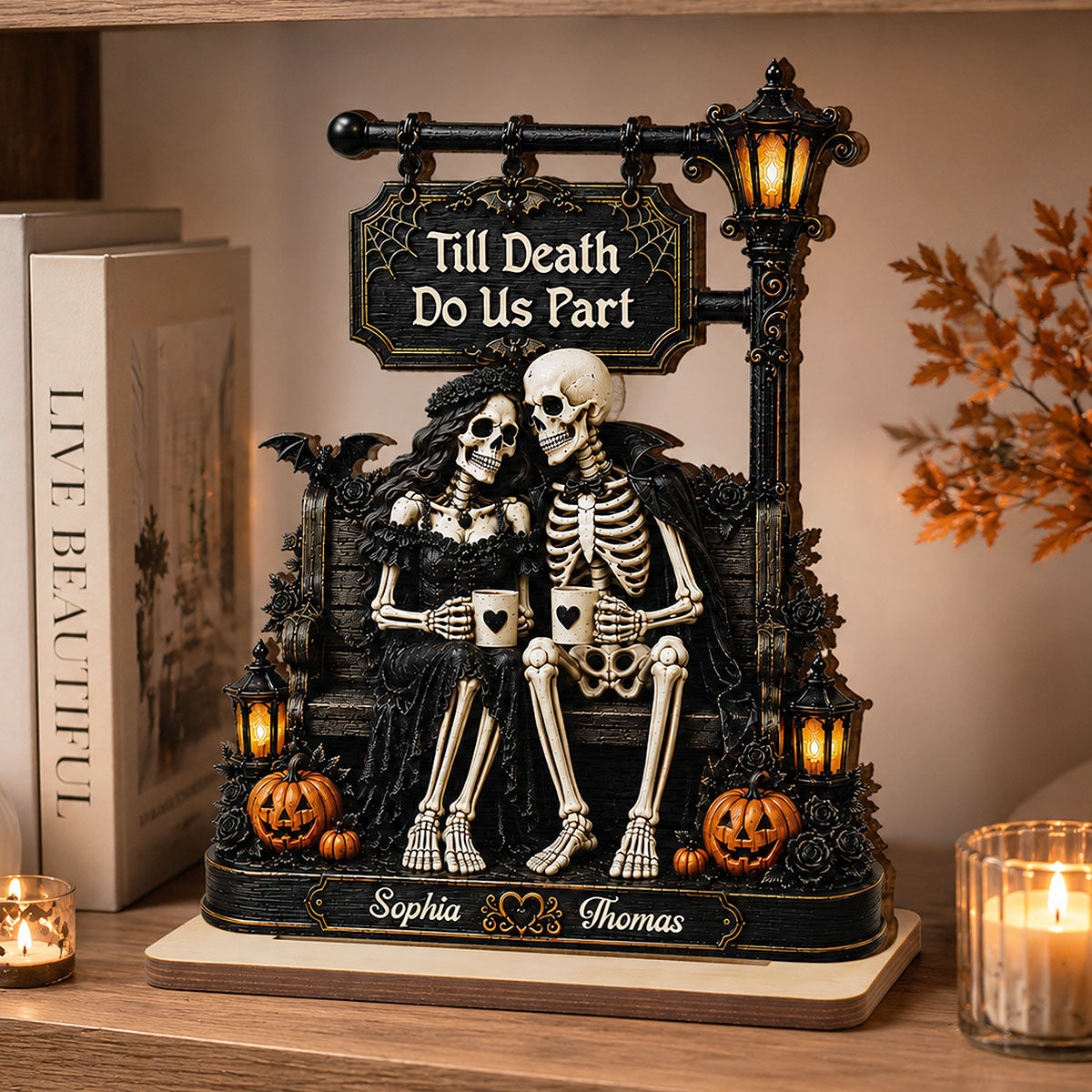 Till Death Do Us Part Skeleton Couple Under Lamp Post 2D Flat - Personalized 2-Layered Wooden Plaque - Halloween Decor For Couple